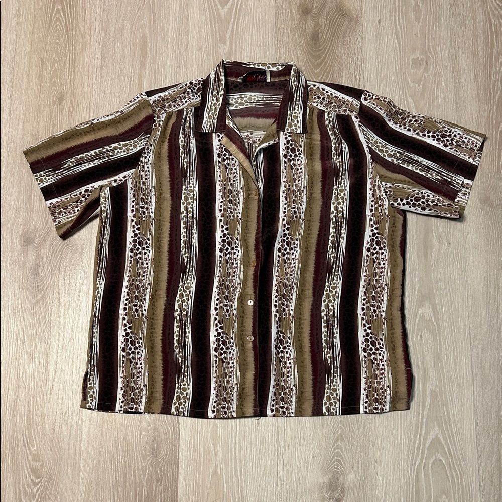 DONNKENNY Vintage Striped Patterned V Neck Button Down Blouse